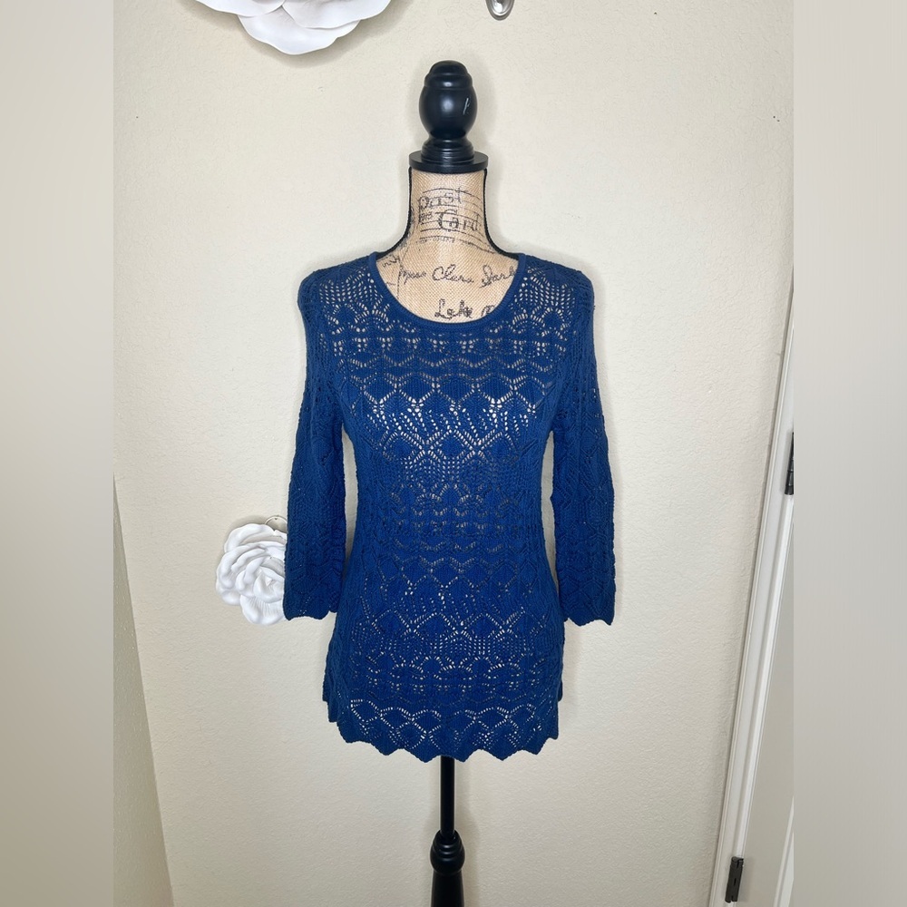 NTM Jeanne Pierre Blue Crochet Pullover Sweater NWT Scoop Neck 3/4 Sleeve Small - Picture 1 of 15